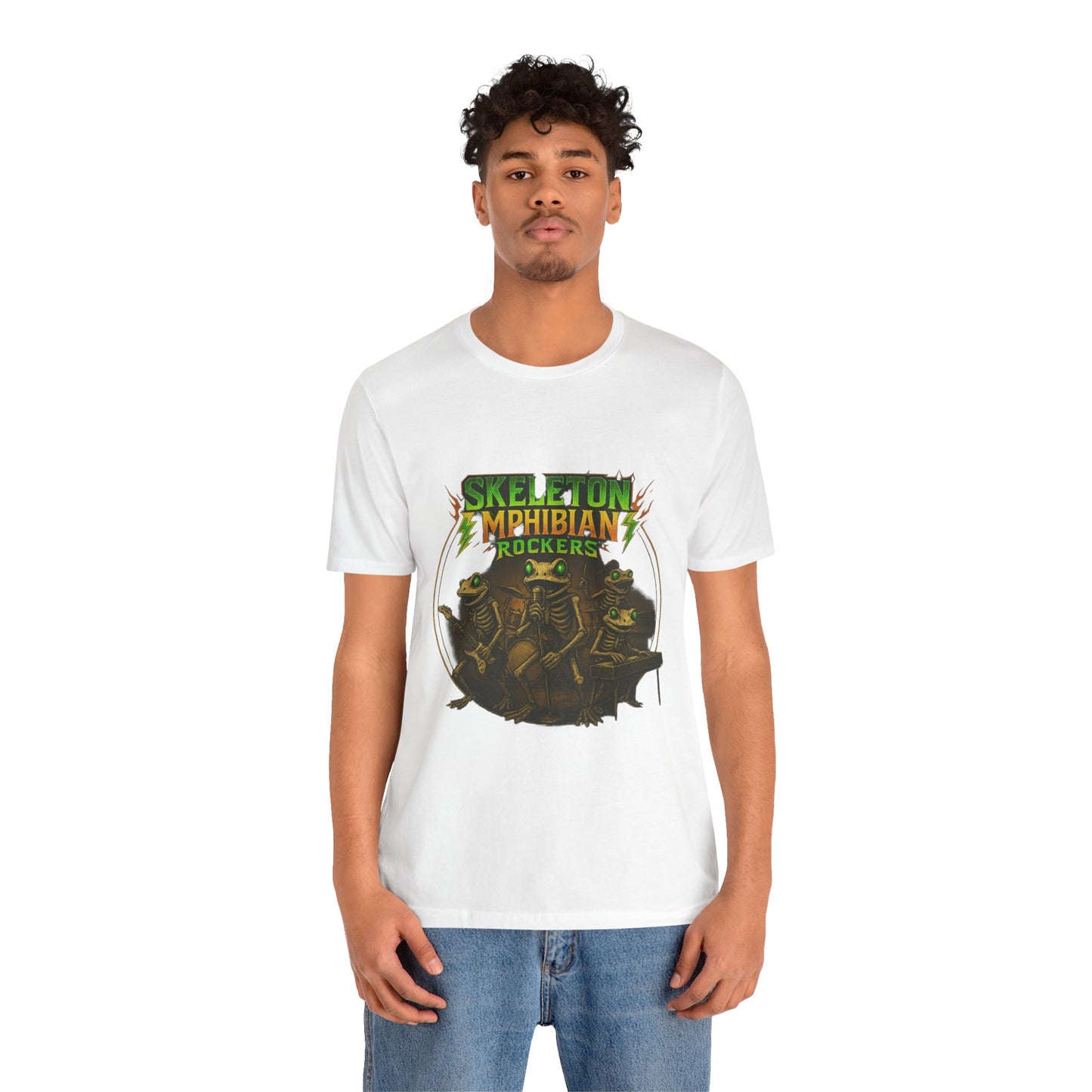 Skeleton Amphibian Rockers Album Cover Tee - Green Eyed Skeleton Frog Band Vocal Guitar Piano Drums Rock Art Shirt