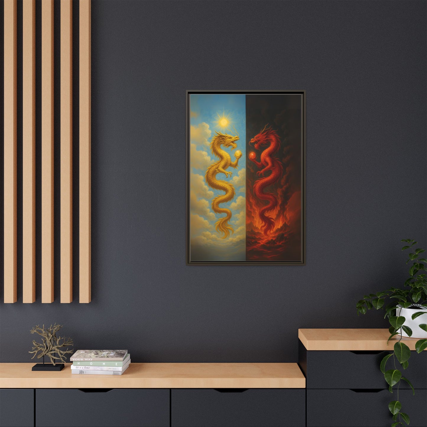 Heaven and Hell Twin Dragons Canvas Feng Shui Wall Art Gold and Red Dragon Pearls Sun and Fire Yin Yang Good Luck Decor Gift for Dad