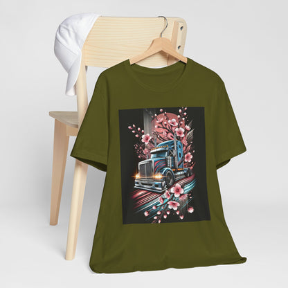 Cherry Blossom Convoy T-Shirt | Japanese Sakura x Modern Truck Art | Unique Graphic Tee for Drivers & Streetwear Lovers No.006