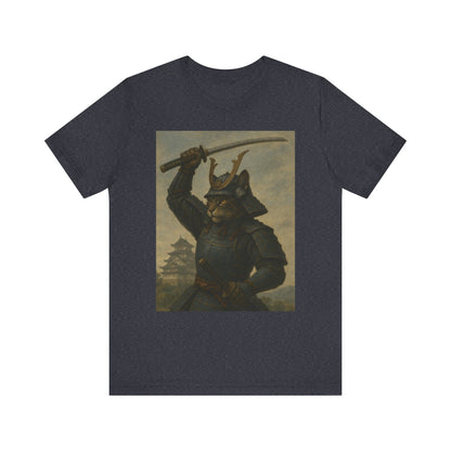 Cat Samurai Strike Tee | Epic Armored Feline Raising Katana | Japanese Warrior Art Unisex Shirt