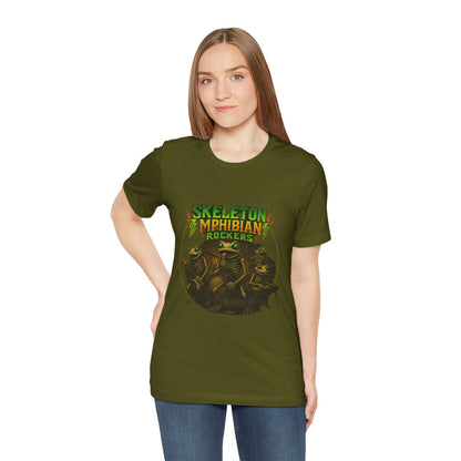 Skeleton Amphibian Rockers Album Cover Tee - Green Eyed Skeleton Frog Band Vocal Guitar Piano Drums Rock Art Shirt