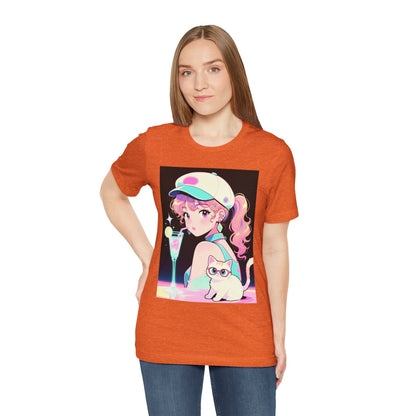 Retro Girl and Cat T Shirt Vaporwave Pastel Anime Shoujo Graphic Tee Neon Cocktail Aesthetic Kawaii Gift for Daughter or Dad Casual Streetwear