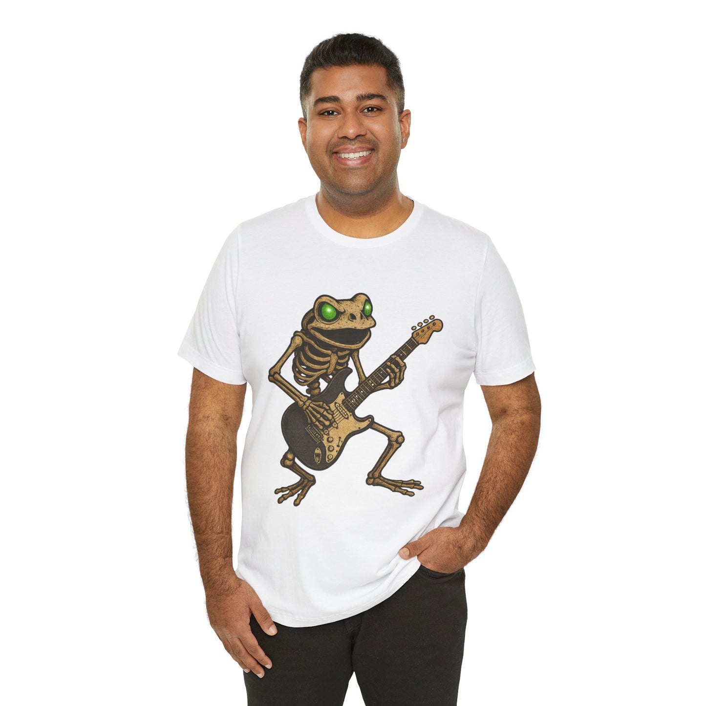Skeleton Frog Shredding Electric Guitar Tee - Glowing Green Eyes Rock Art Shirt for Musicians Frog Lovers and Gothic Punk Style