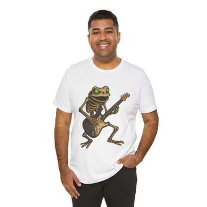 Skeleton Frog Shredding Electric Guitar Tee - Glowing Green Eyes Rock Art Shirt for Musicians Frog Lovers and Gothic Punk Style