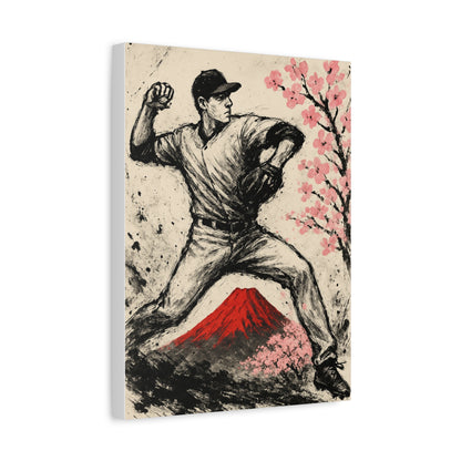 Baseball Pitcher Canvas Sumi Ink Art Fuji Sakura Japanese Print Windup Wall Decor Japan Inspired Sports Art Gift for Dad