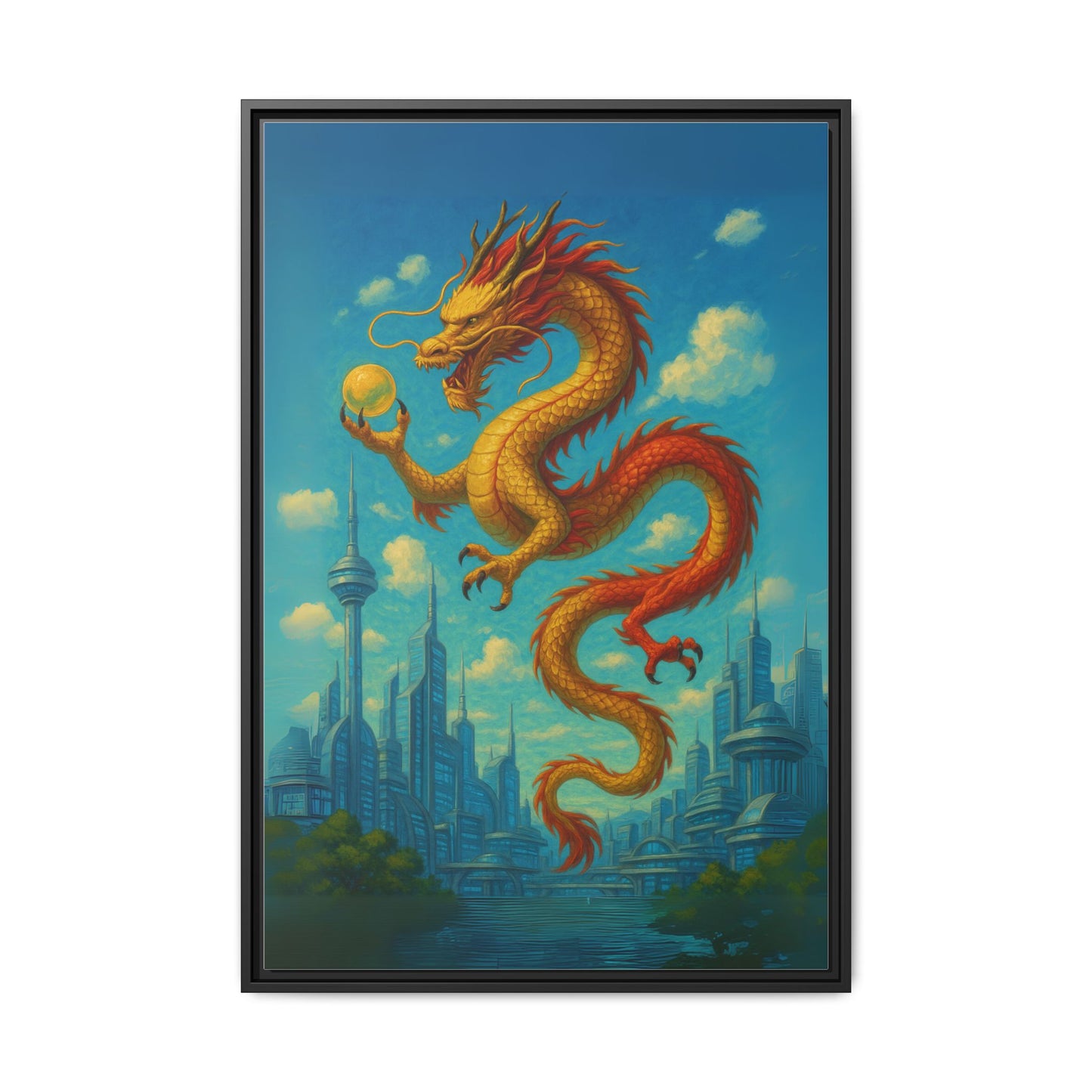 Neo Tokyo Golden Dragon Canvas Japan Inspired Futuristic Skyline Painting Feng Shui Good Luck Decor Dragon Pearl Gift for Dad