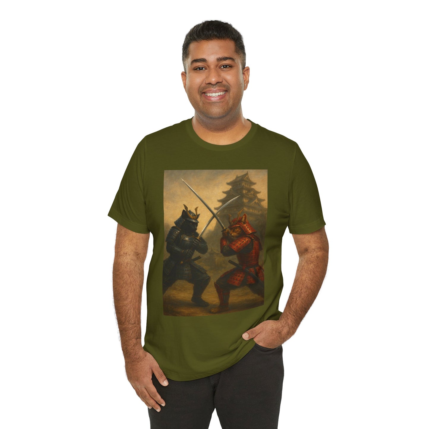 Epic Cat Samurai Battle Tee - War Horses Clash in Front of Japanese Castle  Feline Warrior Art Shirt for Fantasy & Japan Lovers