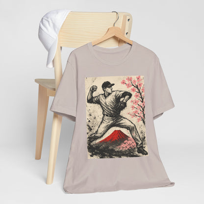 Pro Baseball Pitcher Sumi Ink Art Shirt Fuji Sakura Retro Japanese Print Windup Fastball Tee Japan Inspired Sports Art Gift for Dad