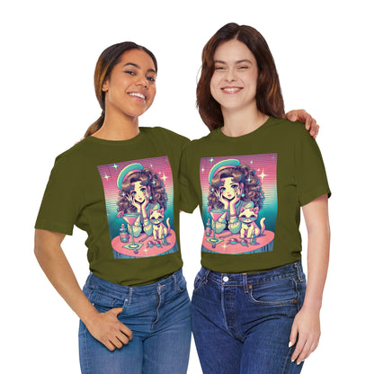 Retro Girl and Cat Graphic Tee Vaporwave Pastel Aesthetic Cocktail Lounge 80s Inspired Shoujo Style T Shirt Gift for Daughter or Dad