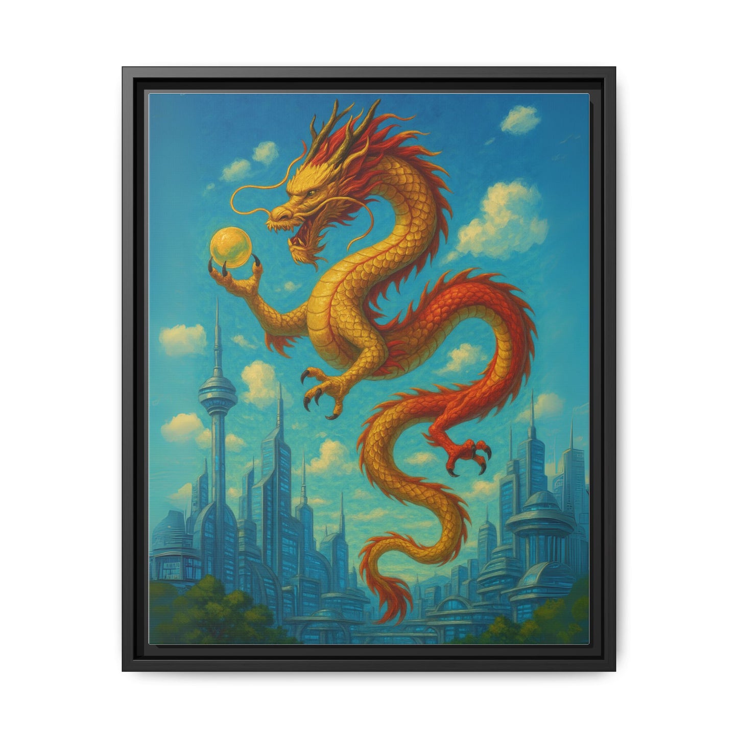 Neo Tokyo Golden Dragon Canvas Wall Art Japan Inspired Skyline Painting Feng Shui Good Luck Decor Dragon Pearl Gift for Dad