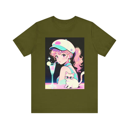 Retro Girl and Cat T Shirt Vaporwave Pastel Anime Shoujo Graphic Tee Neon Cocktail Aesthetic Kawaii Gift for Daughter or Dad Casual Streetwear