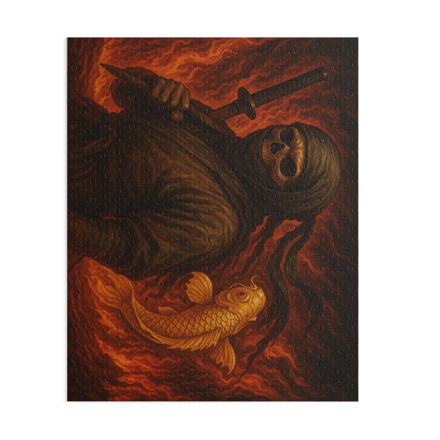 Dark Ninja Skull Puzzle-Gothic Japanese Horror Art, Golden Koi & Fire, High-Detail Mystery Warrior Jigsaw for Adults, Unique Gift Idea