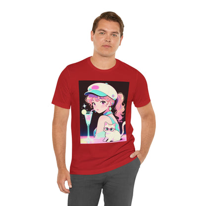 Retro Girl and Cat T Shirt Vaporwave Pastel Anime Shoujo Graphic Tee Neon Cocktail Aesthetic Kawaii Gift for Daughter or Dad Casual Streetwear