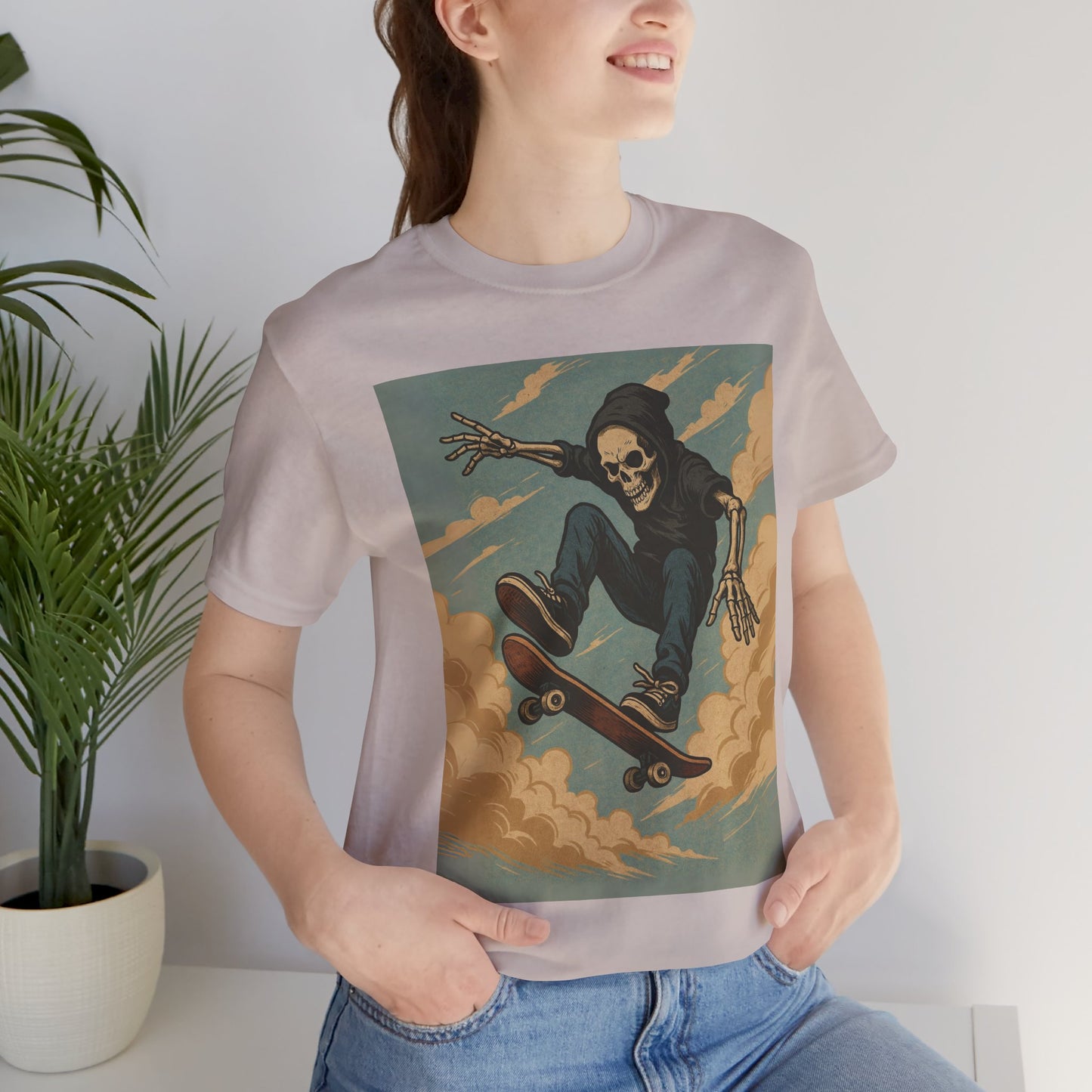 Skater Skeleton Hoodie Graphic Tee - Bold Comic Art Shirt for Men and Women - Colorful Streetwear T-Shirt for Skull and Skate Lovers