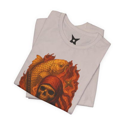 i, High-Detail Gothic Warrior TeDark Red Ninja Skull T-Shirt-Japanese Horror Art, Skeleton Ninja with Golden Koe, Unisex Streetwear