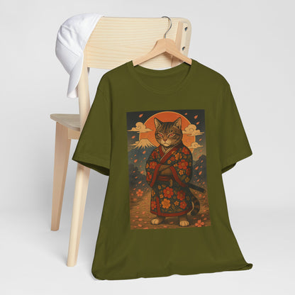 Samurai Cat T-Shirt - Floral Kimono Warrior with Katana | Japanese Ukiyo-e Style, Cherry Blossoms & Mount Fuji | Bold Cat Art Tee