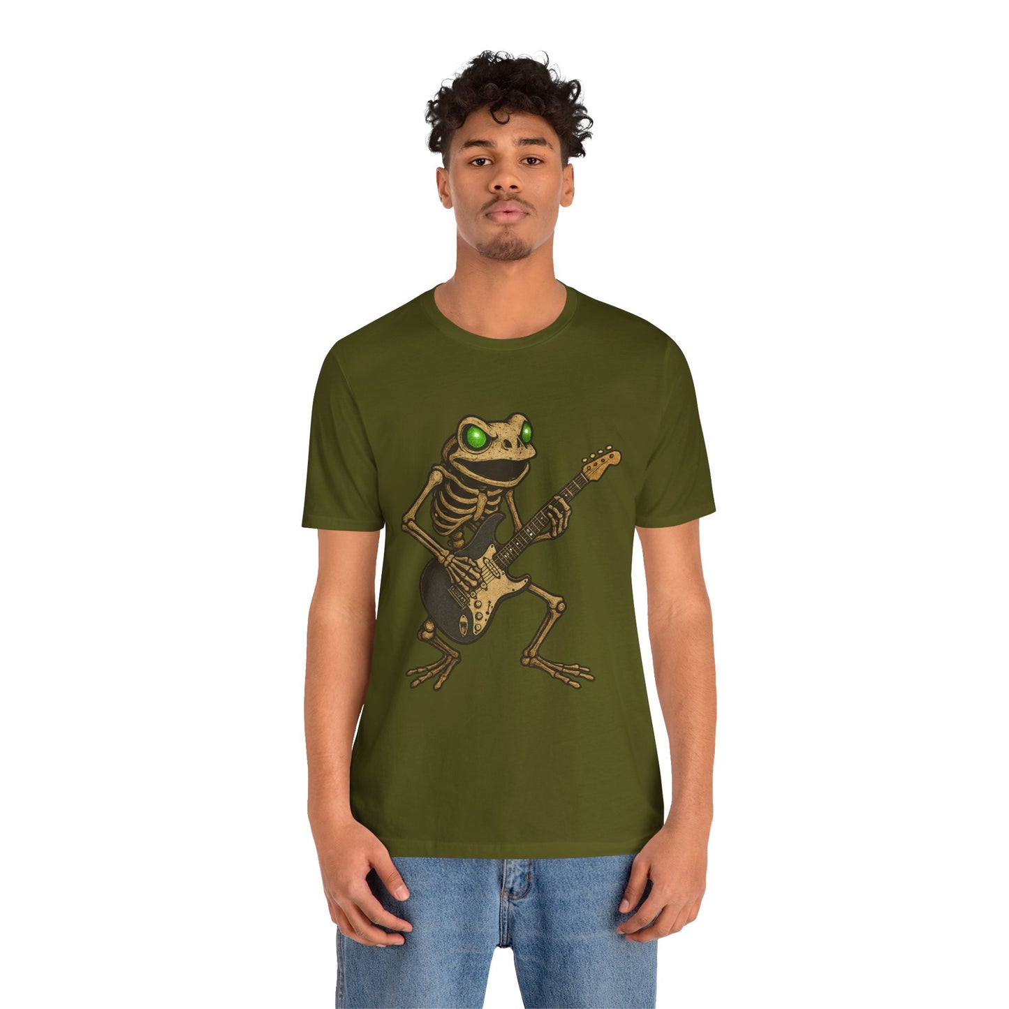 Skeleton Frog Shredding Electric Guitar Tee - Glowing Green Eyes Rock Art Shirt for Musicians Frog Lovers and Gothic Punk Style