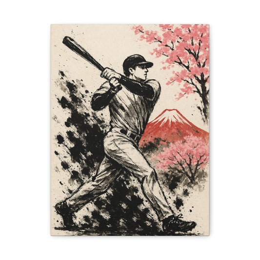 Baseball Batter Canvas Sumi Ink Art Fuji Sakura Japanese Print Power Swing Wall Decor Japan Inspired Sports Art Gift for Dad