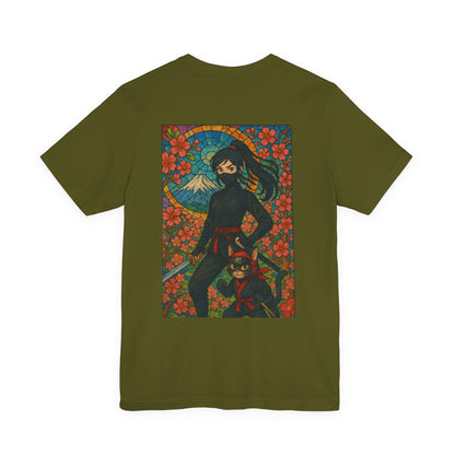 Ninja and Cat T-Shirt - Female Ninja in Black Outfit with Shuriken-Japanese Samurai Style, Mount Fuji, Cherry Blossoms-Cool Unisex Anime Tee