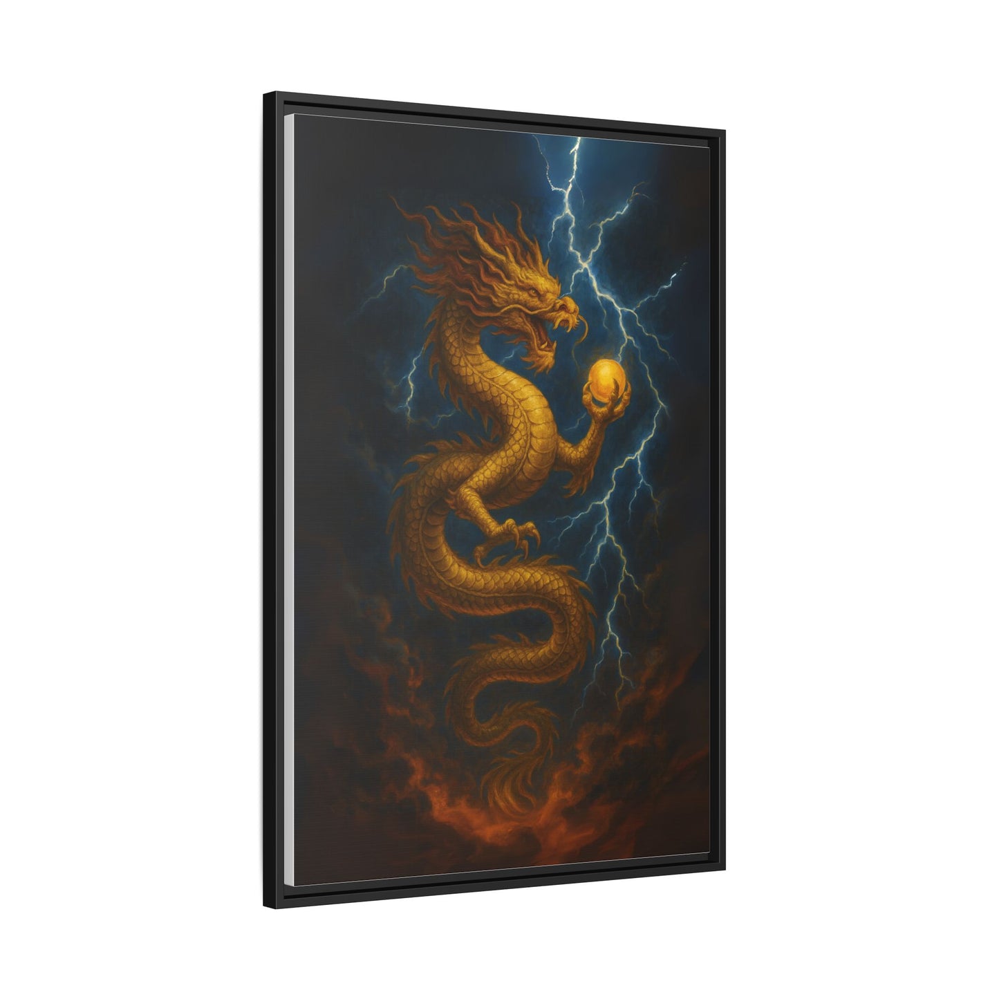Golden Dragon Canvas Feng Shui Wall Art Lightning Storm Dragon with Pearl Good Luck Decor Gift for Dad Office Living Room