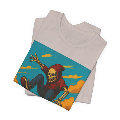 Skater Skeleton Hoodie Graphic Tee - Bold Comic Art Shirt for Men and Women - Colorful Streetwear T-Shirt for Skull and Skate Lovers