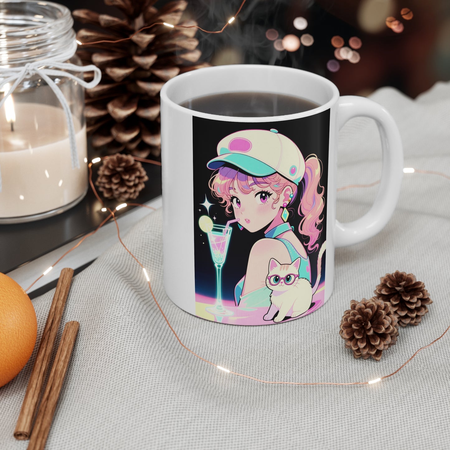 Retro Girl and Cat Mug Vaporwave Pastel Anime Shoujo Coffee Cup Neon Cocktail Aesthetic Kawaii Gift for Daughter or Dad Office Desk