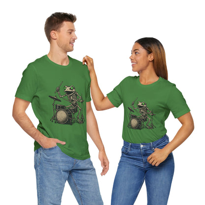 Skeleton Frog Drummer Shirt with Glowing Green Eyes Rock Band Art Tee for Musicians Frog Lovers Halloween and Concert Wear