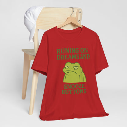 Running on Dreams and Snooze Buttons Shirt Sleepy Frog Tee Funny Night Owl Top Great Dad Gift Cozy Loungewear Aesthetic
