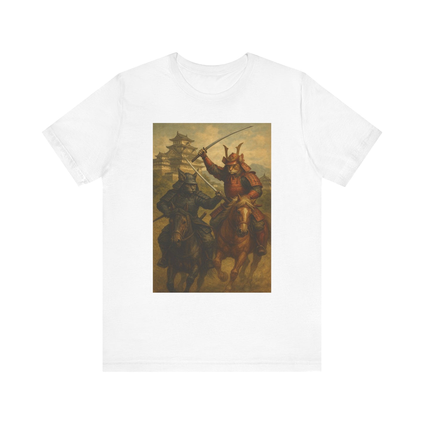 Epic Cat Samurai Battle Tee - War Horses Clash in Front of Japanese Castle  Feline Warrior Art Shirt for Fantasy & Japan Lovers