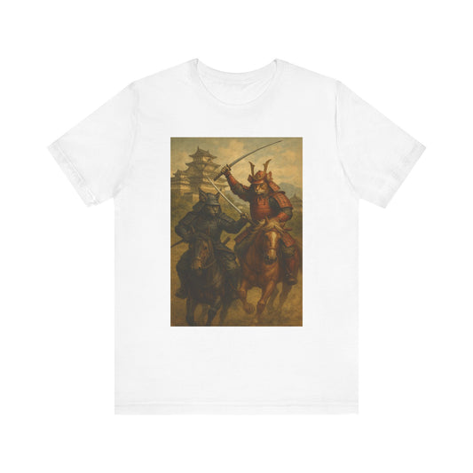 Epic Cat Samurai Battle Tee - War Horses Clash in Front of Japanese Castle  Feline Warrior Art Shirt for Fantasy & Japan Lovers
