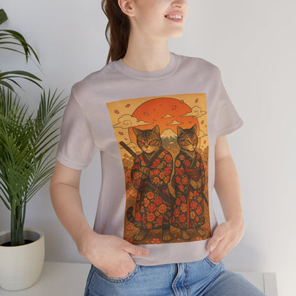 Samurai Cat T-Shirt - Floral Kimono Warrior with Katana | Japanese Ukiyo-e Style, Cherry Blossoms & Mount Fuji | Bold Cat Art Tee