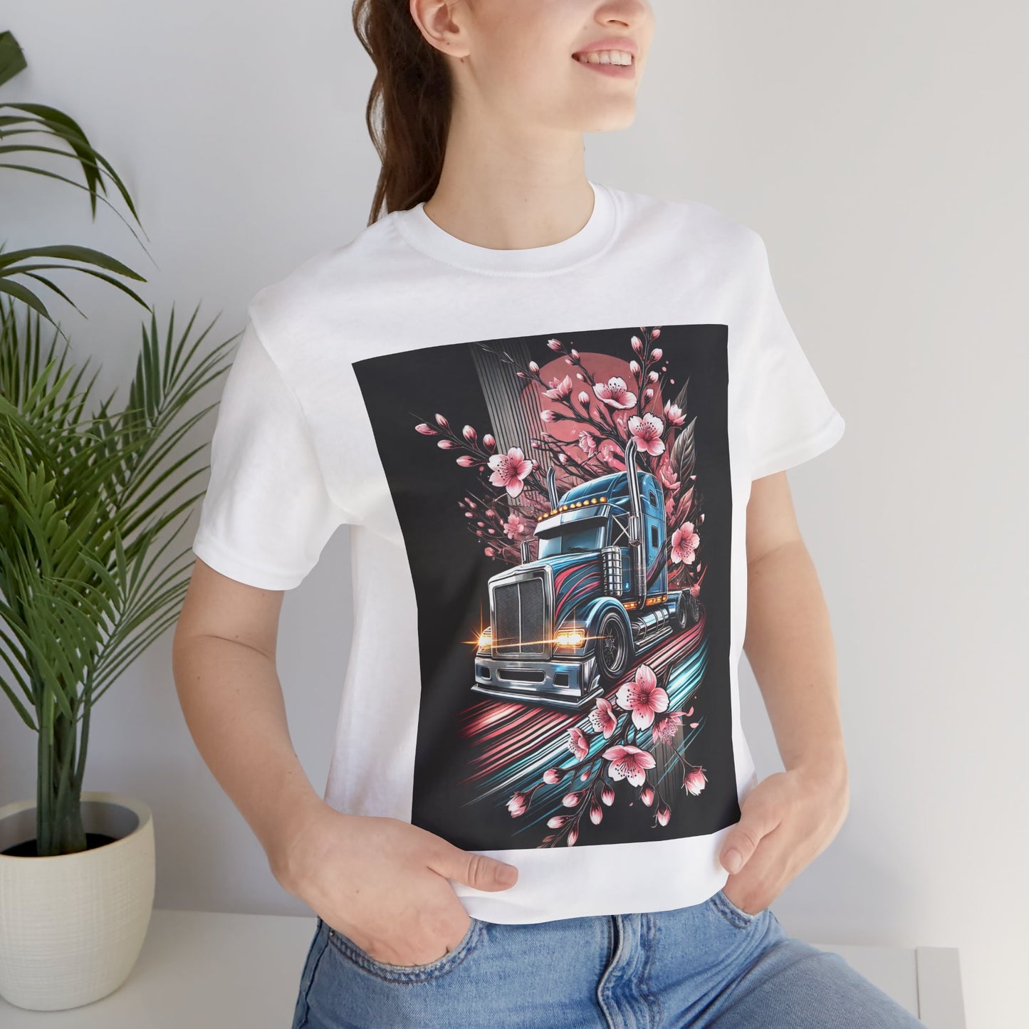 Cherry Blossom Convoy T-Shirt | Japanese Sakura x Modern Truck Art | Unique Graphic Tee for Drivers & Streetwear Lovers No.006