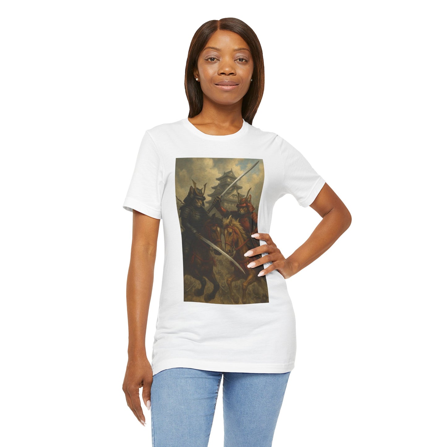 Epic Cat Samurai Battle Tee - War Horses Clash in Front of Japanese Castle  Feline Warrior Art Shirt for Fantasy & Japan Lovers
