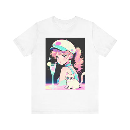 Retro Girl and Cat T Shirt Vaporwave Pastel Anime Shoujo Graphic Tee Neon Cocktail Aesthetic Kawaii Gift for Daughter or Dad Casual Streetwear