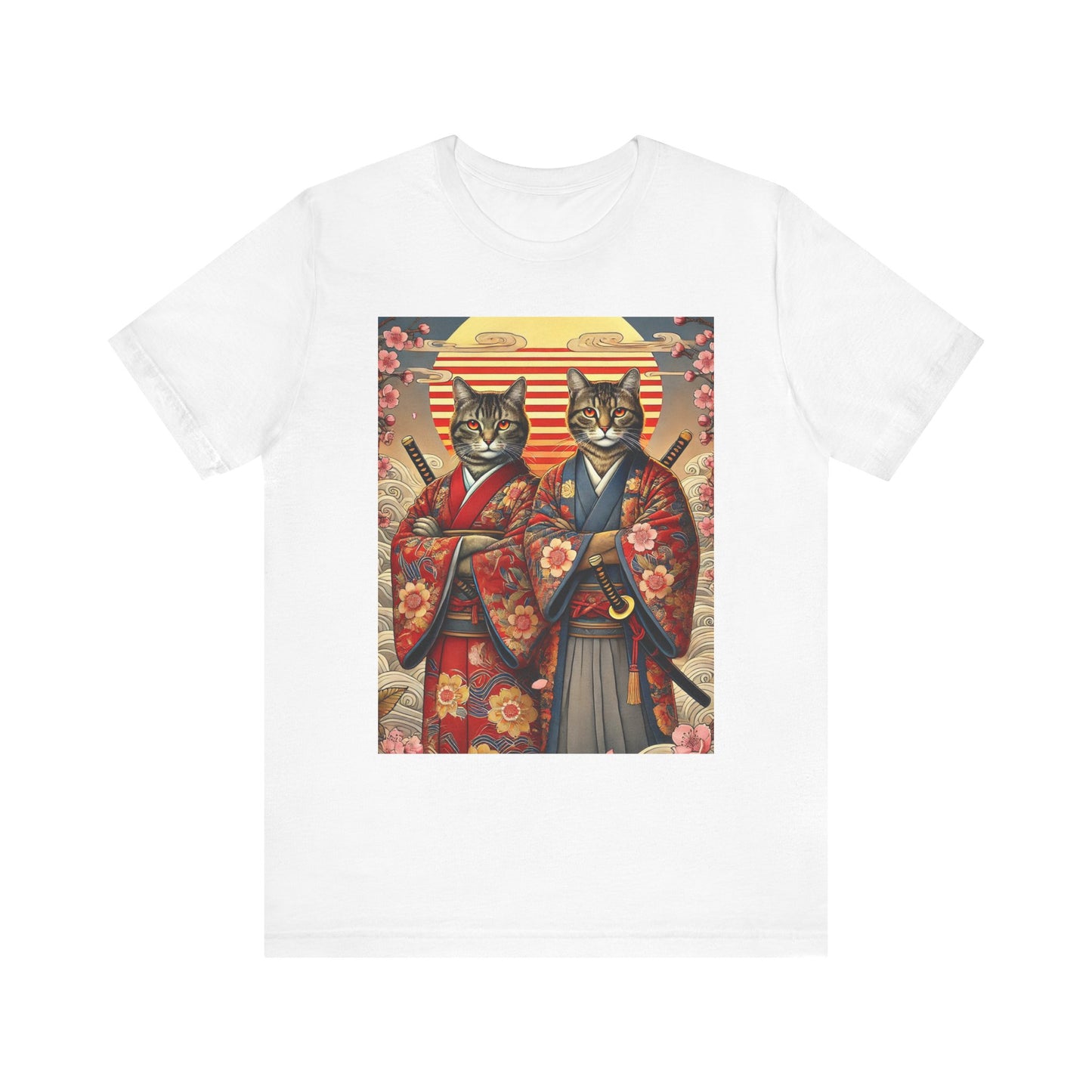 Samurai Cat T-Shirt - Floral Kimono Warrior with Katana | Japanese Ukiyo-e Style, Cherry Blossoms & Mount Fuji | Bold Cat Art Tee