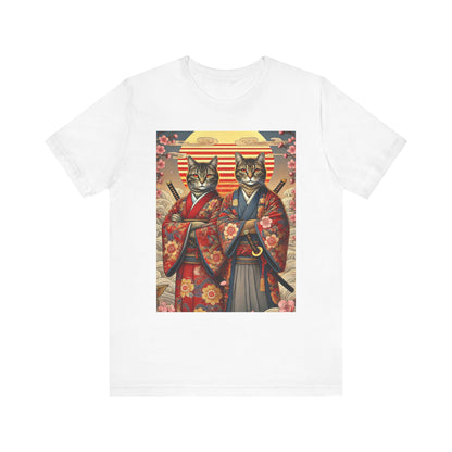 Samurai Cat T-Shirt - Floral Kimono Warrior with Katana | Japanese Ukiyo-e Style, Cherry Blossoms & Mount Fuji | Bold Cat Art Tee