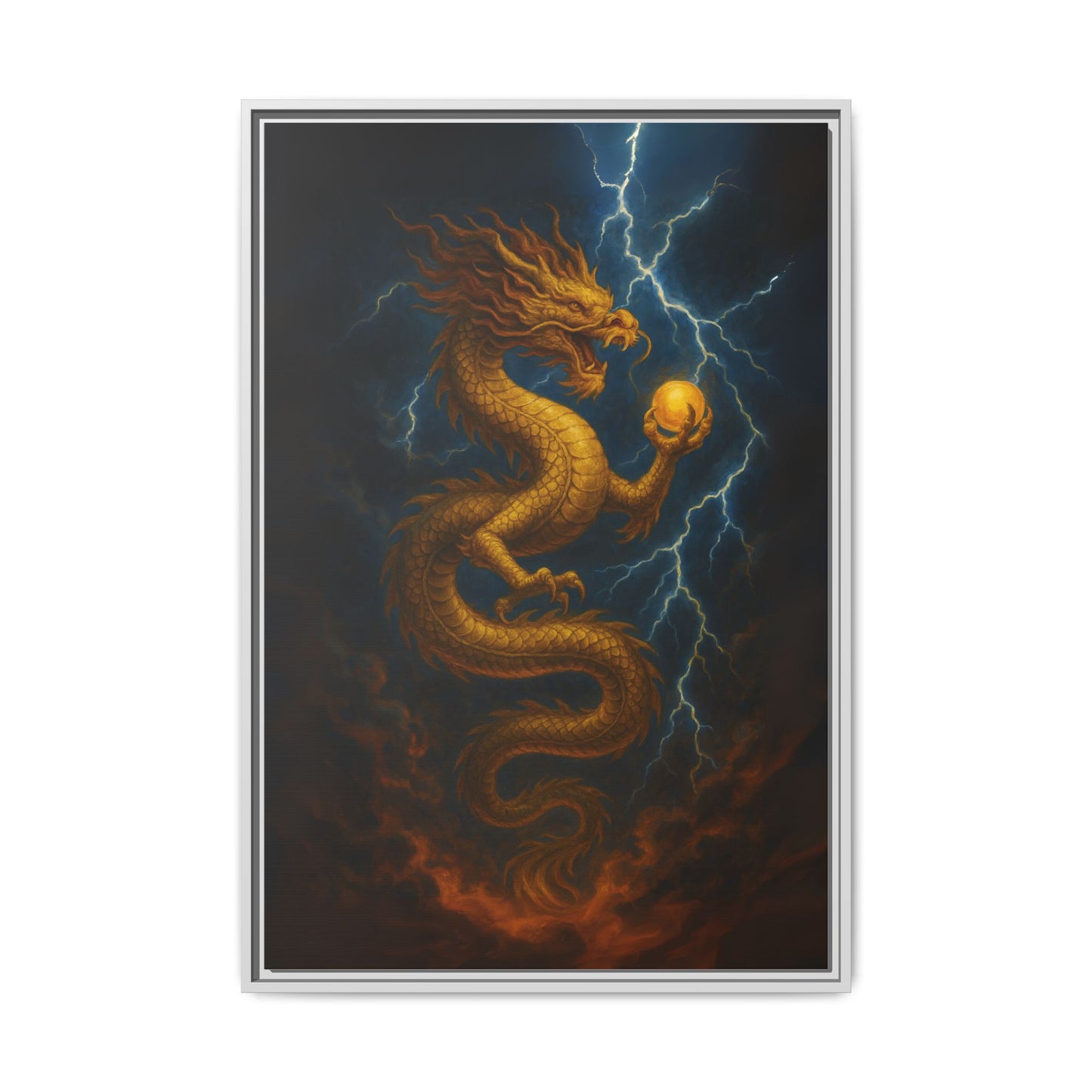 Golden Dragon Canvas Feng Shui Wall Art Lightning Storm Dragon with Pearl Good Luck Decor Gift for Dad Office Living Room