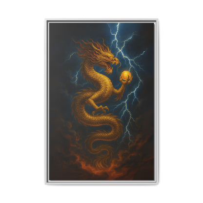 Golden Dragon Canvas Feng Shui Wall Art Lightning Storm Dragon with Pearl Good Luck Decor Gift for Dad Office Living Room