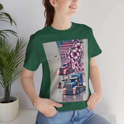 Cherry Blossom Convoy T-Shirt | Japanese Sakura x Modern Truck Art | Unique Graphic Tee for Drivers & Streetwear Lovers No.004