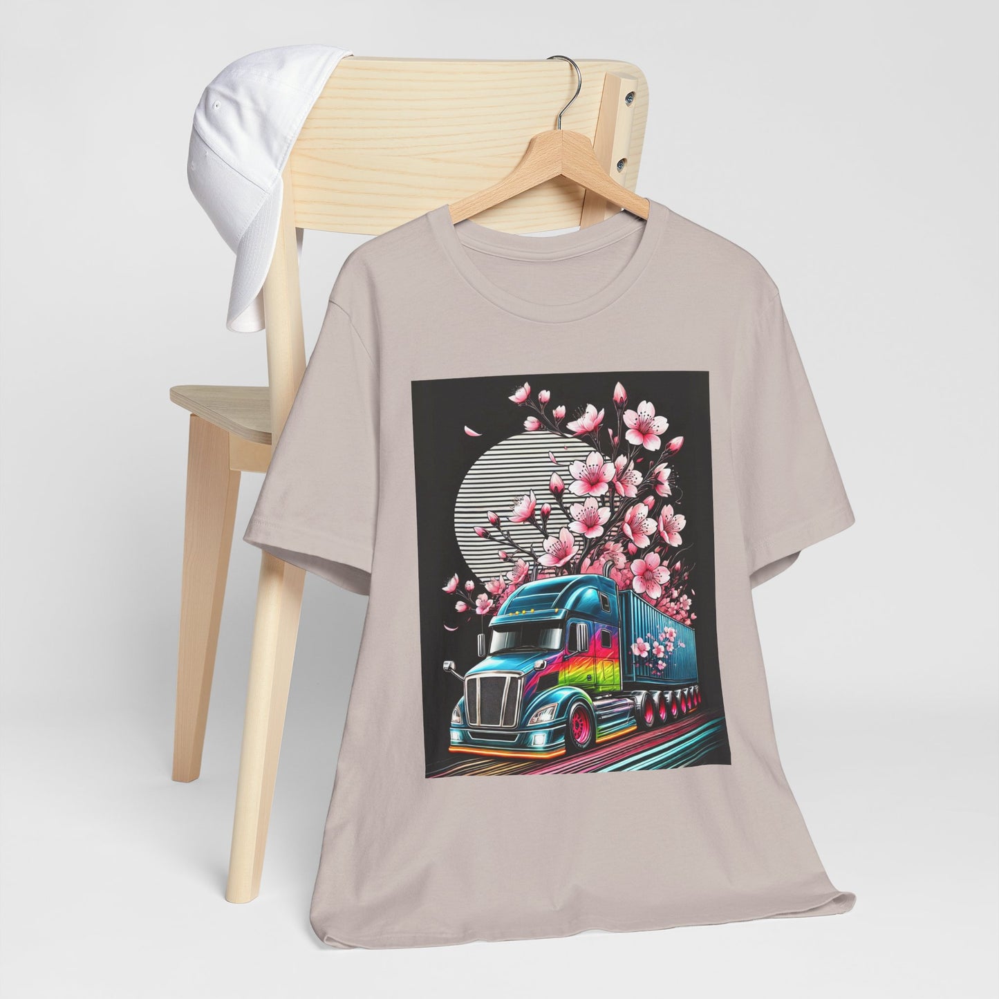 Cherry Blossom Convoy T-Shirt | Japanese Sakura x Modern Truck Art | Unique Graphic Tee for Drivers & Streetwear Lovers No.003