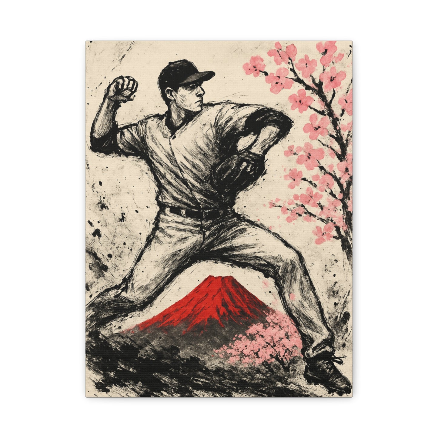 Baseball Pitcher Canvas Sumi Ink Art Fuji Sakura Japanese Print Windup Wall Decor Japan Inspired Sports Art Gift for Dad