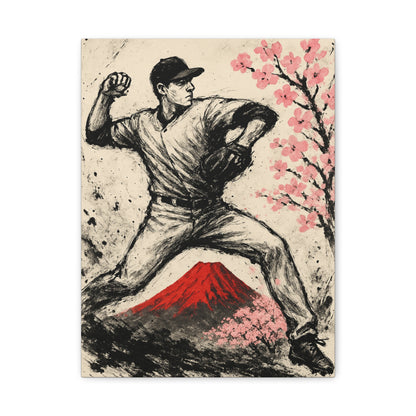 Baseball Pitcher Canvas Sumi Ink Art Fuji Sakura Japanese Print Windup Wall Decor Japan Inspired Sports Art Gift for Dad