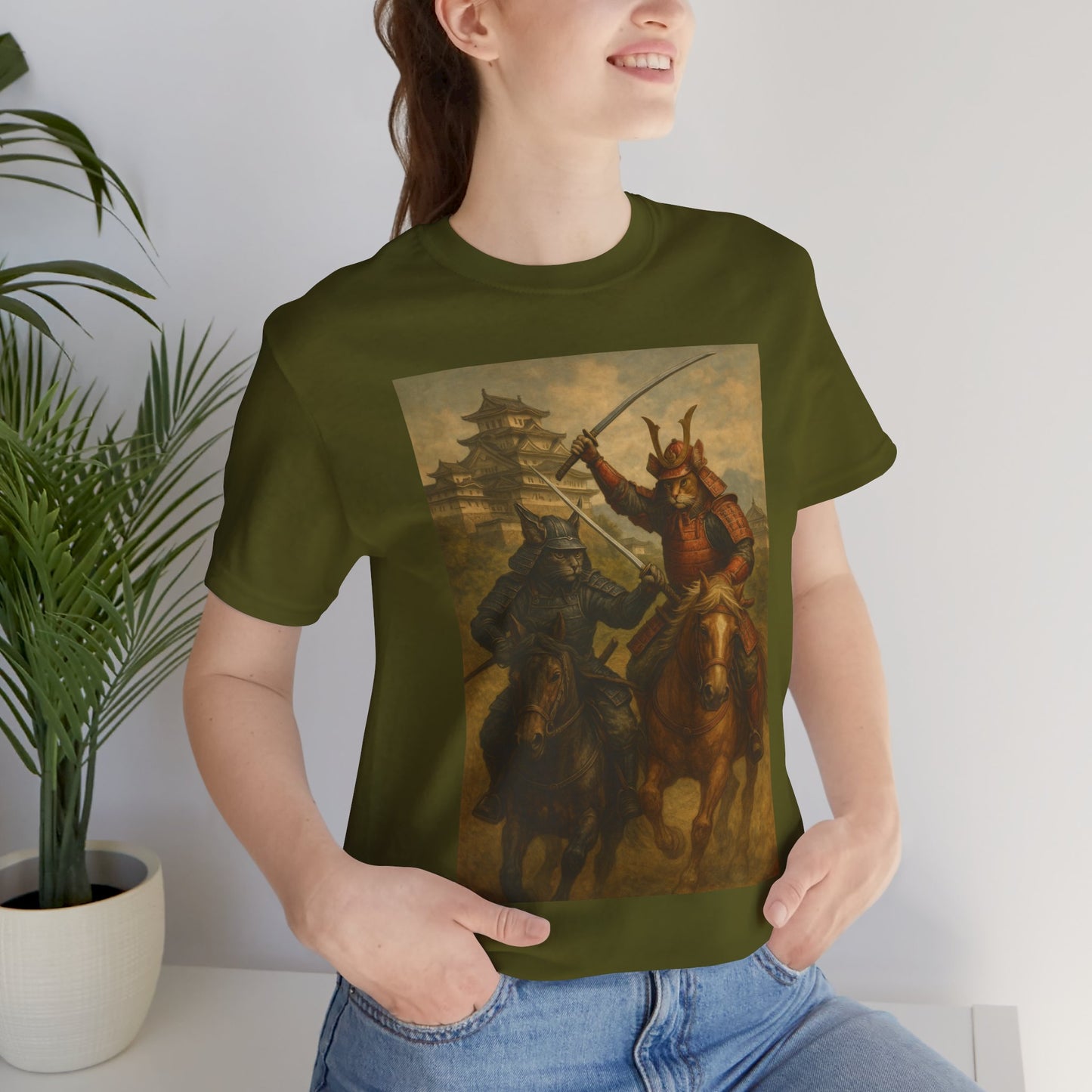 Epic Cat Samurai Battle Tee - War Horses Clash in Front of Japanese Castle  Feline Warrior Art Shirt for Fantasy & Japan Lovers