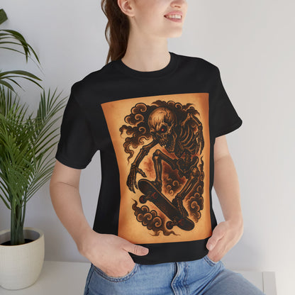 Gashadokuro Skeleton Skateboard Jump Tattoo-Style Shirt - Horror Yokai Streetwear for Adults, Skater Dad Gift, Japanese Folklore Tee