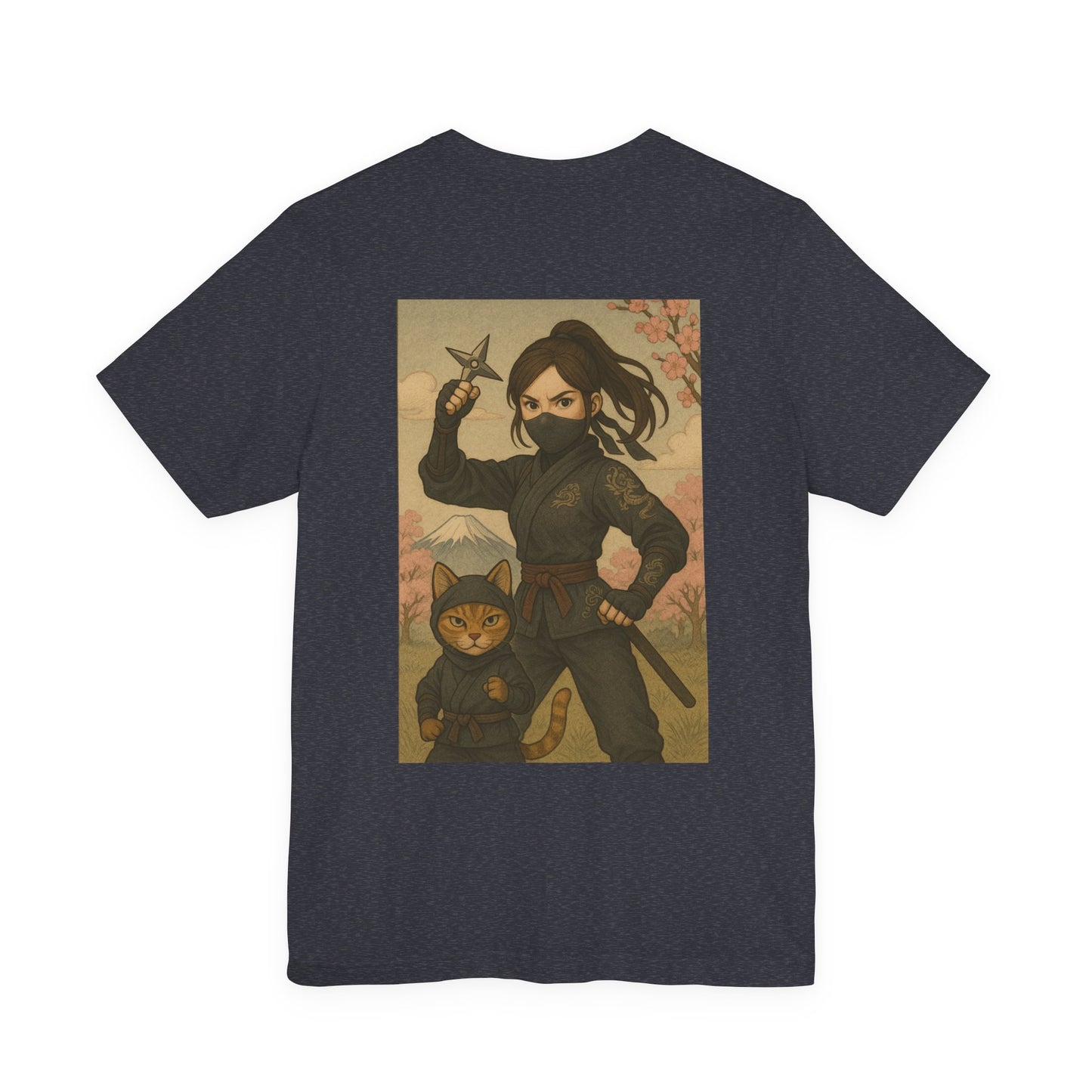 Ninja and Cat T-Shirt - Female Ninja in Black Outfit with Shuriken-Japanese Samurai Style, Mount Fuji, Cherry Blossoms-Cool Unisex Anime Tee