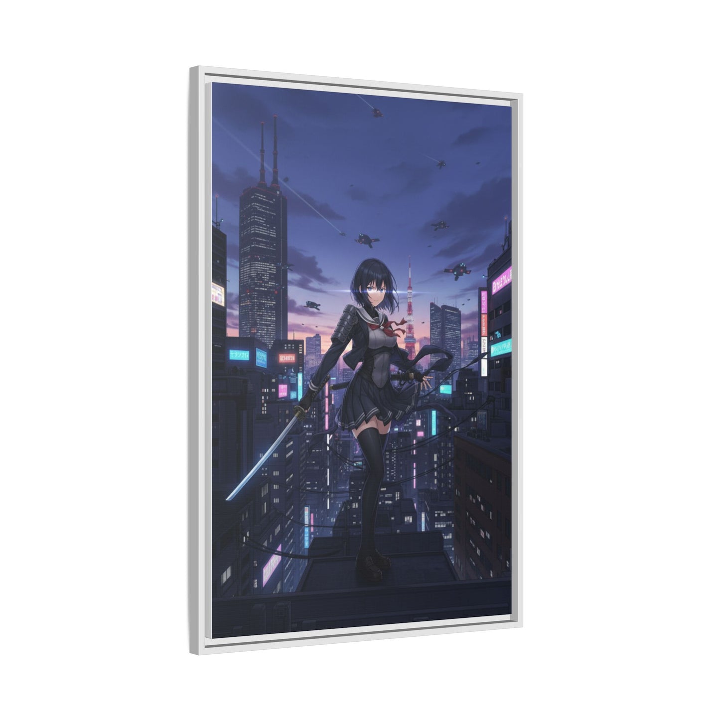 Cyber Ninja Girl Canvas Tokyo Skyline Anime Wall Art Futuristic Night City Samurai Sword Gift for Daughter or Dad Gaming Room Decor