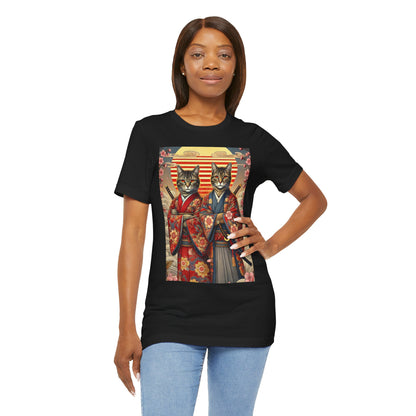 Samurai Cat T-Shirt - Floral Kimono Warrior with Katana | Japanese Ukiyo-e Style, Cherry Blossoms & Mount Fuji | Bold Cat Art Tee