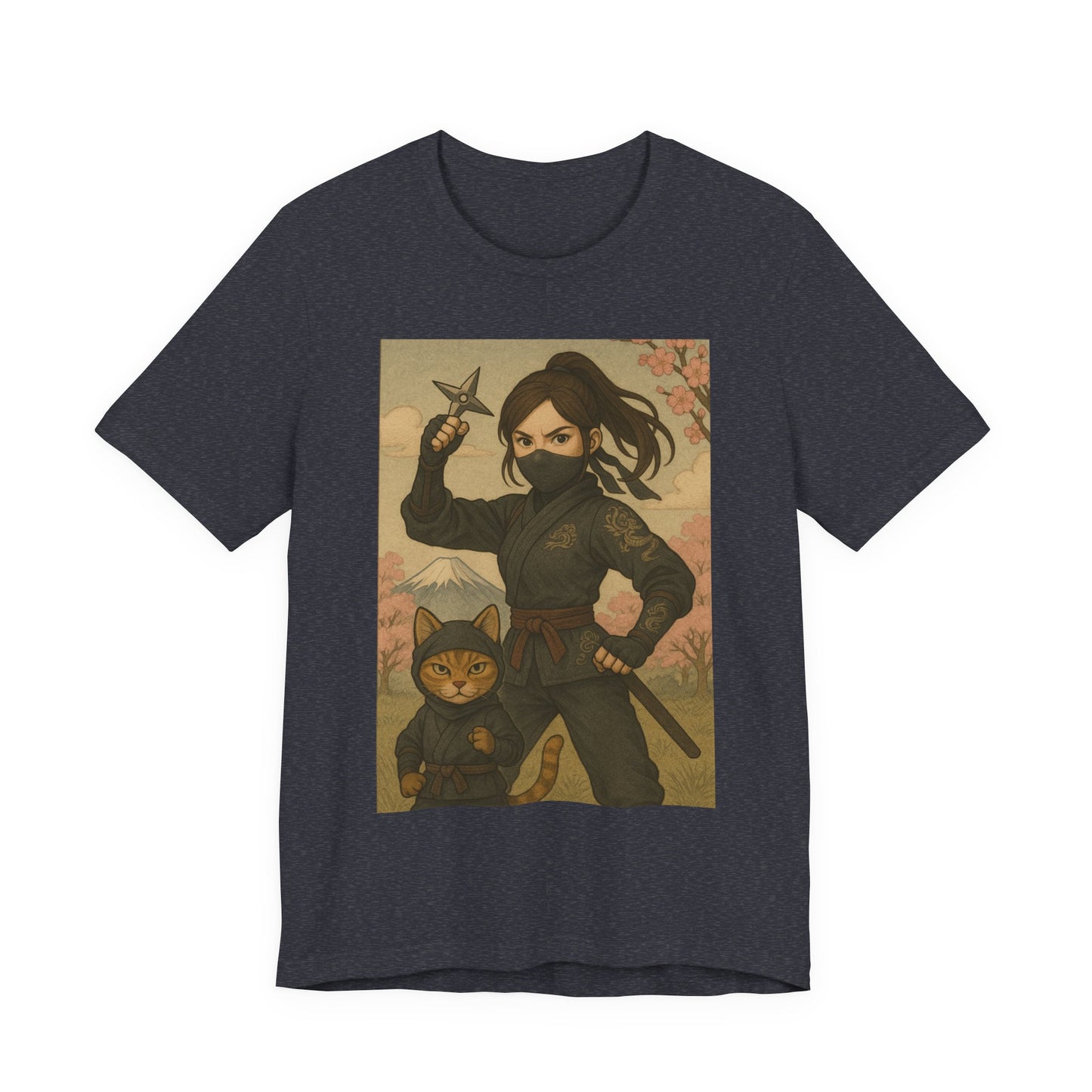 Ninja and Cat T-Shirt - Female Ninja in Black Outfit with Shuriken-Japanese Samurai Style, Mount Fuji, Cherry Blossoms-Cool Unisex Anime Tee