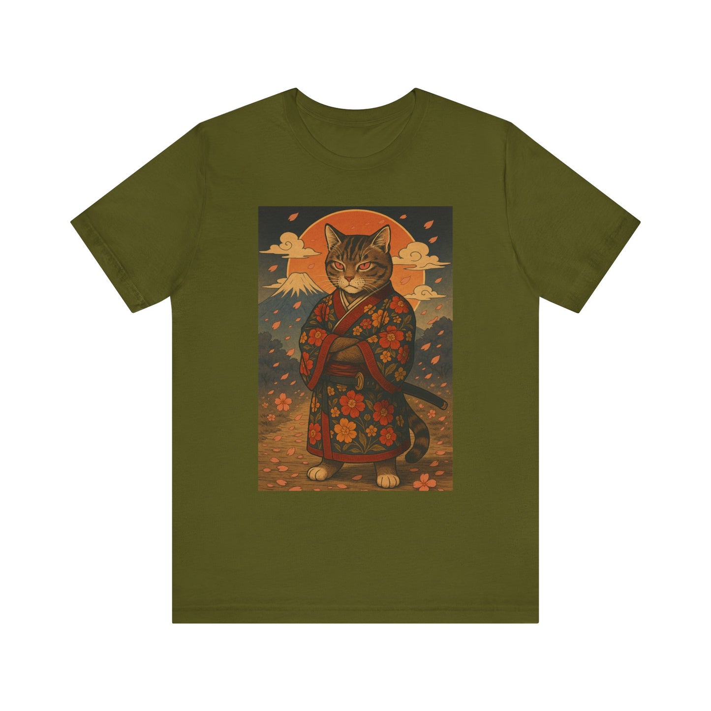 Samurai Cat T-Shirt - Floral Kimono Warrior with Katana | Japanese Ukiyo-e Style, Cherry Blossoms & Mount Fuji | Bold Cat Art Tee
