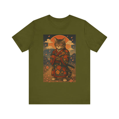 Samurai Cat T-Shirt - Floral Kimono Warrior with Katana | Japanese Ukiyo-e Style, Cherry Blossoms & Mount Fuji | Bold Cat Art Tee